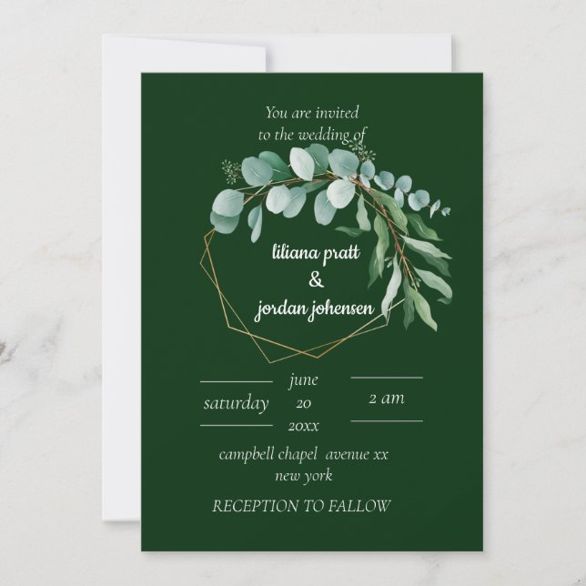 Invitación Elegante boda de oro y Eucalipto verde esmeralda (Anverso)