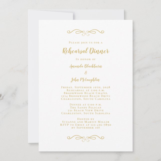 Invitación Elegante Boda de oro y Moda blanca para la cena (Anverso)
