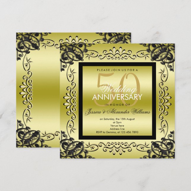 Invitación Elegante Boda de Oro y Negro (Anverso / Reverso)