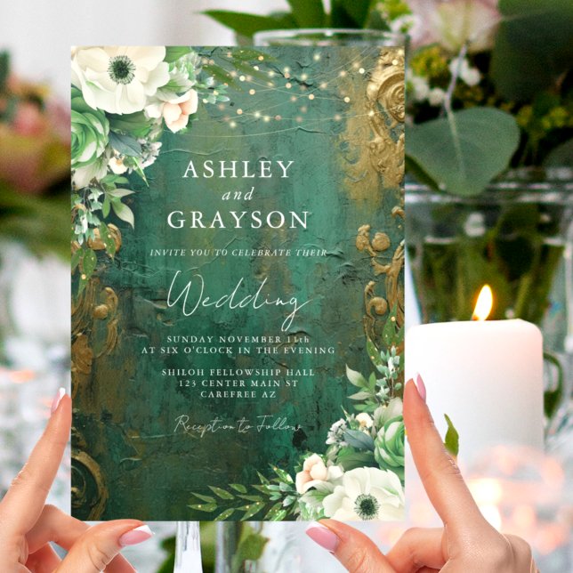 Invitación Elegante Boda de oro y verde esmeralda floral (Subido por el creador)