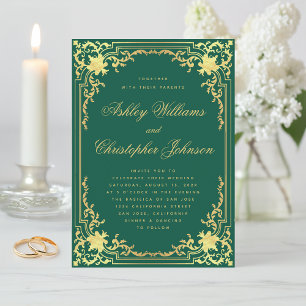 Invitación Elegante Boda de orquesta de oro verde esmeralda