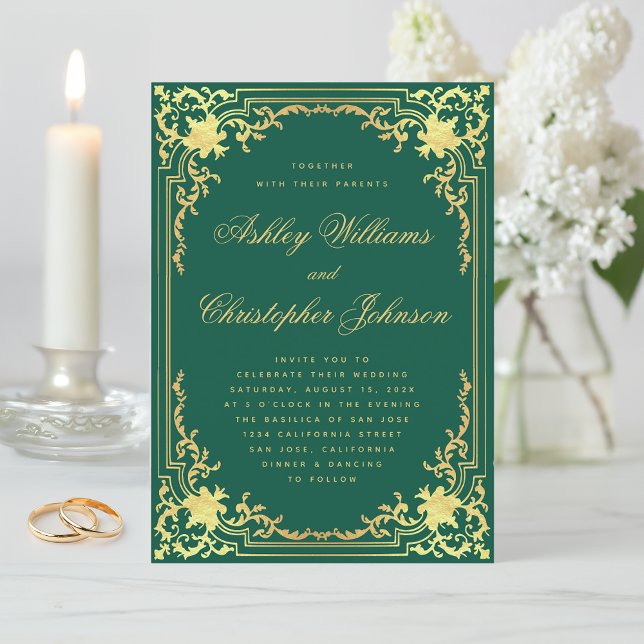 Invitación Elegante Boda de orquesta de oro verde esmeralda (Subido por el creador)