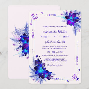 Invitación Elegante Boda de orquídeas azul y púrpura