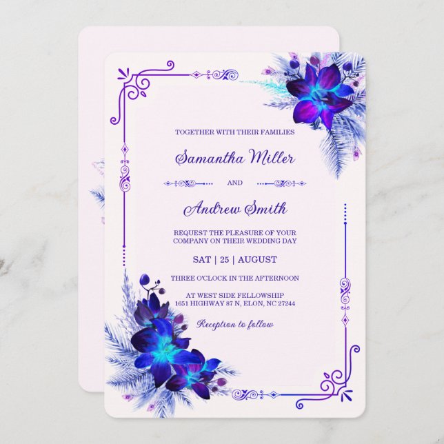Invitación Elegante Boda de orquídeas azul y púrpura (Anverso / Reverso)
