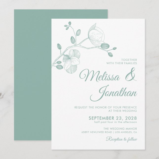 Invitación Elegante boda de orquídeas blancas y floridas (Anverso / Reverso)