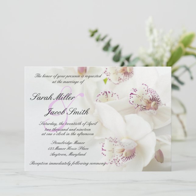 Invitación Elegante Boda de orquídeas blancas y moradas (Anverso de pie)