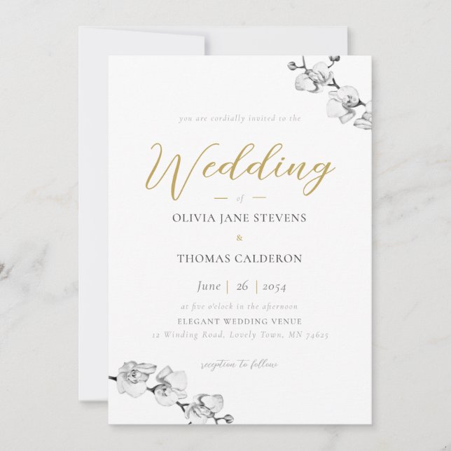 Invitación Elegante Boda de orquídeas de oro blanco negro (Anverso)