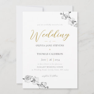 Invitación Elegante Boda de orquídeas de oro blanco negro