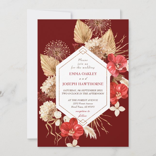 Invitación Elegante Boda de orquídeas rojas con marco geométr (Anverso)