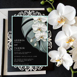 Invitación Elegante Boda de orquídeas tropicales blancas y ne