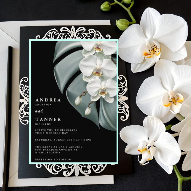 Invitación Elegante Boda de orquídeas tropicales blancas y ne (Subido por el creador)