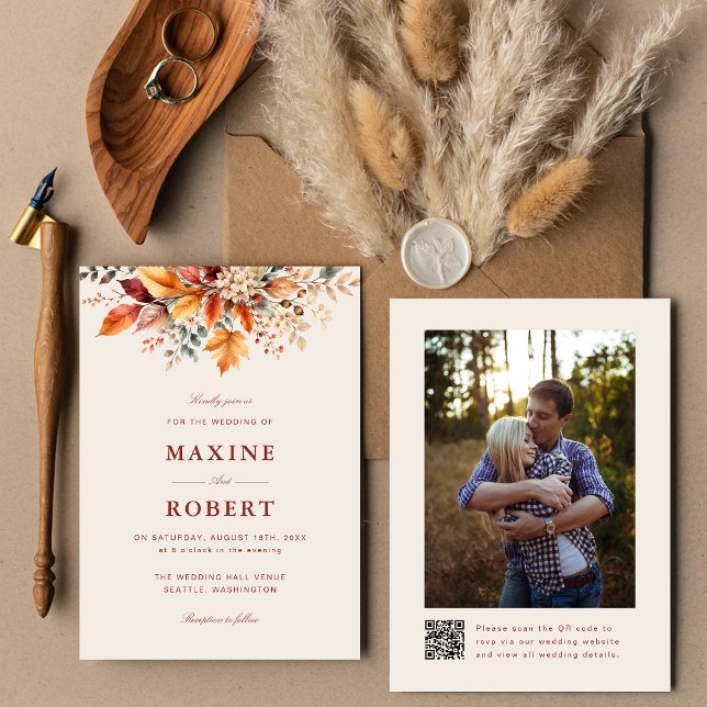 Invitación Elegante boda de otoño con código QR de acuarela (Elegant autumn watercolor QR code photo invitation keeps loved ones connected.)