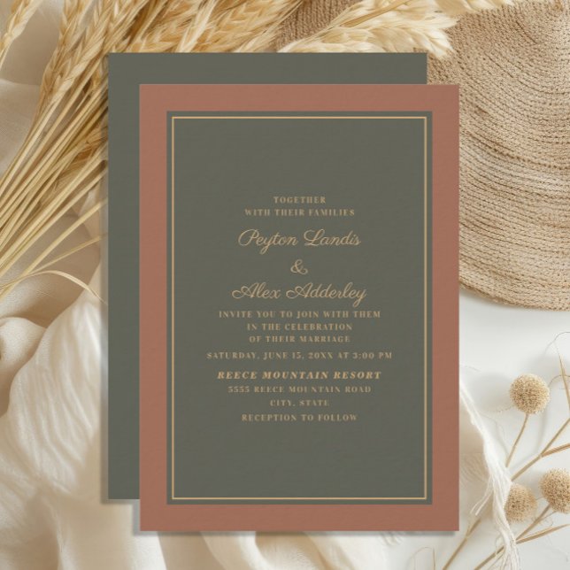 Invitación Elegante Boda de otoño con estilo Rust Moss Green (Terracotta/burnt orange and dark sage/olive green wedding invitation)