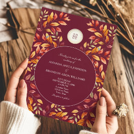 Invitación Elegante Boda de Otoño con Hojas Burgundy