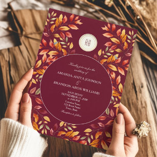 Invitación Elegante Boda de Otoño con Hojas Burgundy