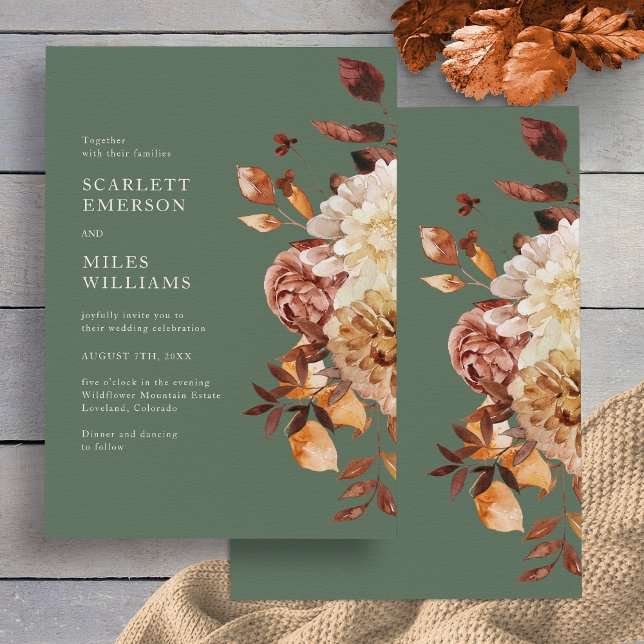 Invitación Elegante boda de otoño con salvia (Elegant Sage Green Fall Floral Wedding Invitation by Painted Paperie
)