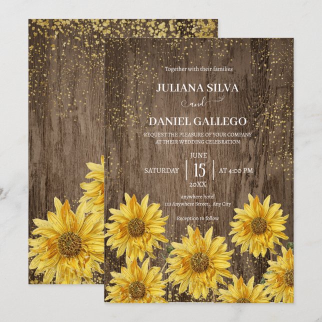 Invitación Elegante Boda de otoño de girasol rústico (Anverso / Reverso)