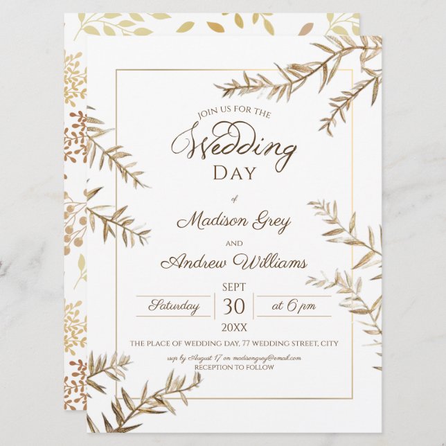 Invitación Elegante Boda de otoño del follaje marrón (Anverso / Reverso)