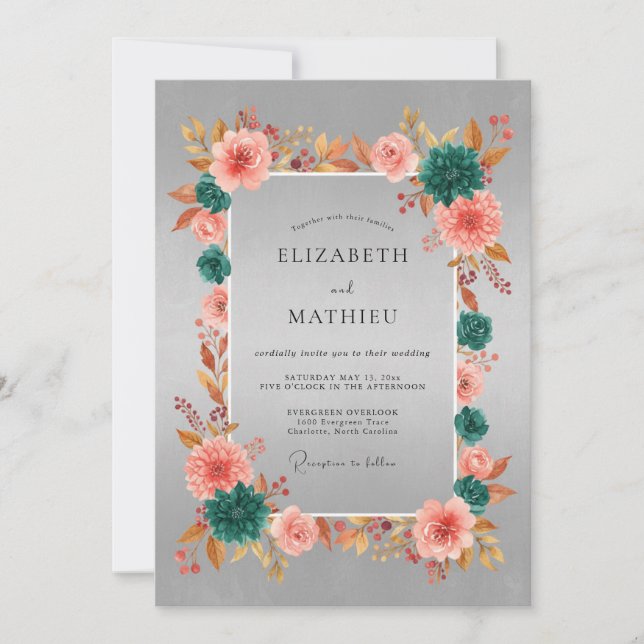 Invitación Elegante Boda de Otoño en Verde Teal Plateado (Anverso)