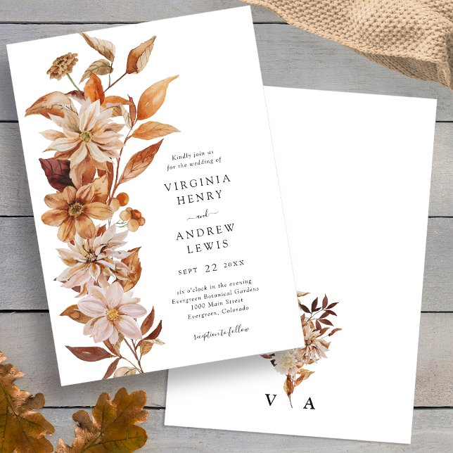 Invitación Elegante boda de otoño moderna (Elegant Modern Fall Floral Wedding Invitation back Monogrammed by Painted Paperie
)