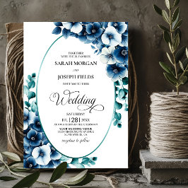 Invitación Elegante Boda de óvalo floral azul