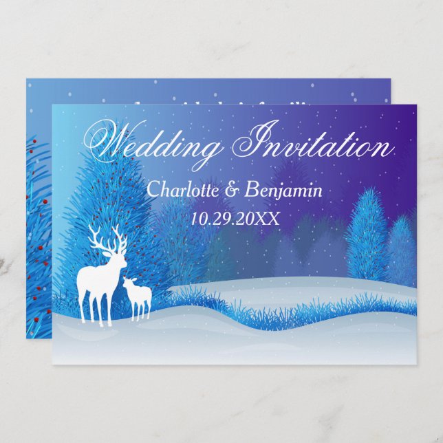 Invitación Elegante Boda de paisajes de nieve azul invernal (Anverso / Reverso)