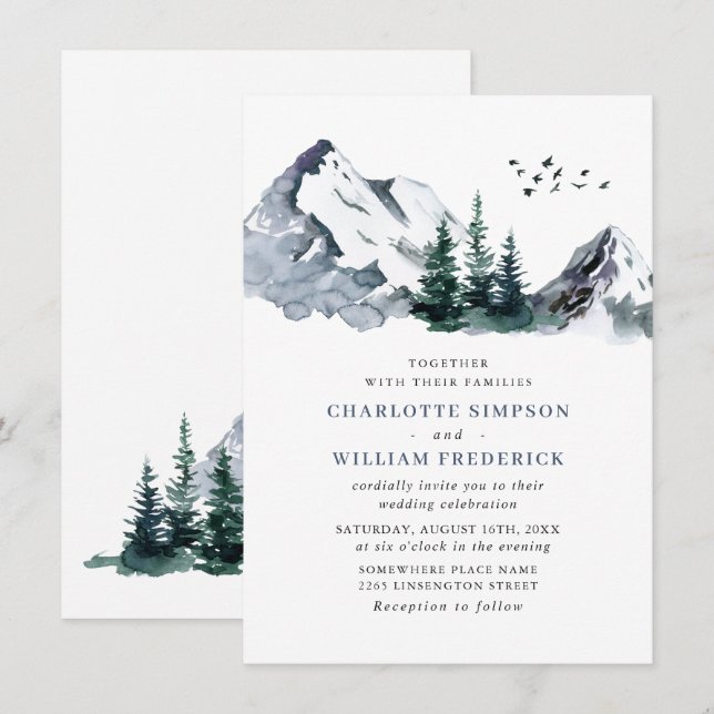 Invitación Elegante Boda de paisajes forestales de las montañ (Anverso / Reverso)