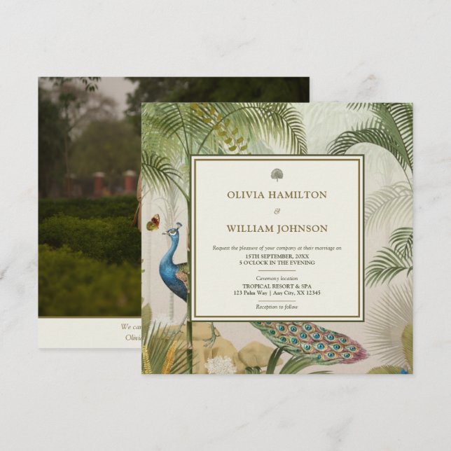 Invitación Elegante Boda de palmo de pavo real tropical fotog (Anverso / Reverso)