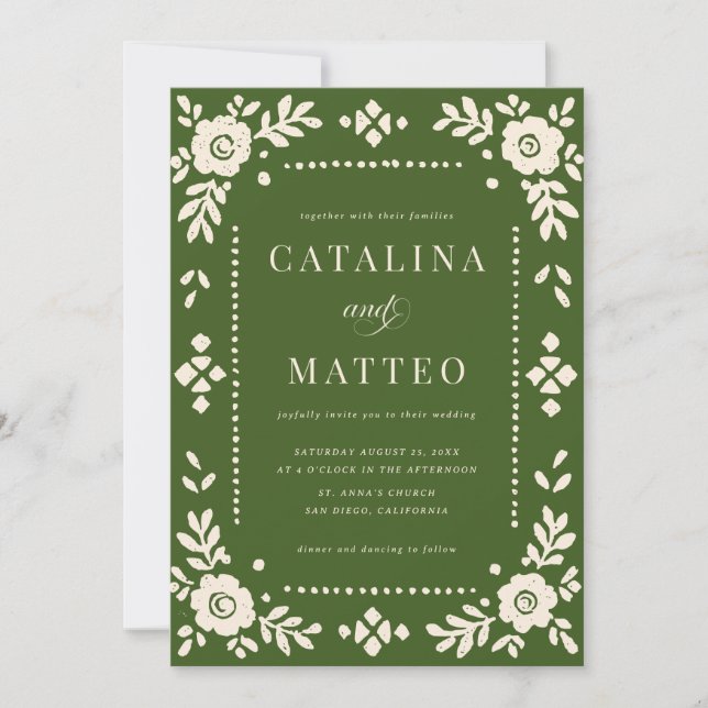 Invitación Elegante Boda de Papel Picado Verde (Anverso)