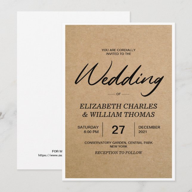 Invitación Elegante Boda de Papel Rústico Marrón (Anverso / Reverso)