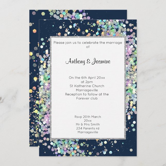 INVITACIÓN ELEGANTE BODA DE PASTEL AZUL DE NAVY (Anverso / Reverso)