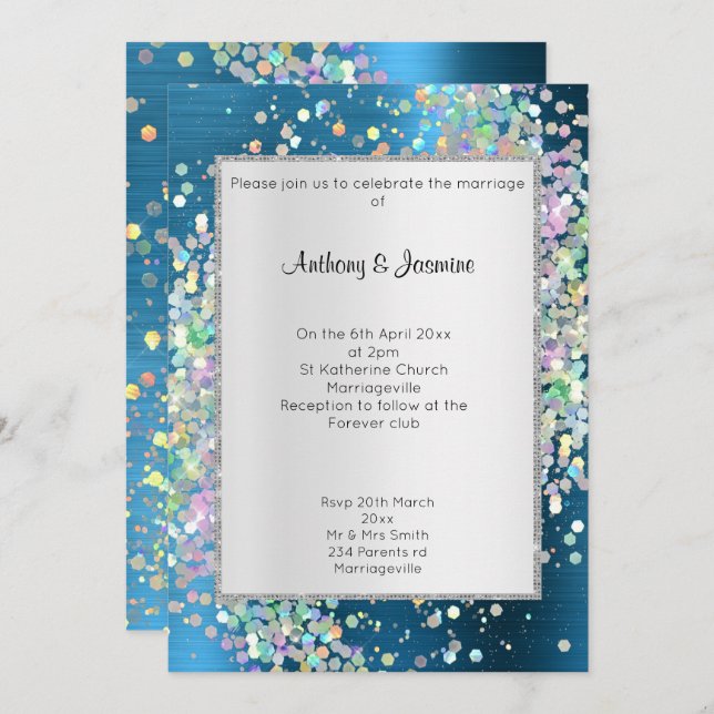 INVITACIÓN ELEGANTE BODA DE PASTEL DE AZUL AZUL TEXTURADO (Anverso / Reverso)