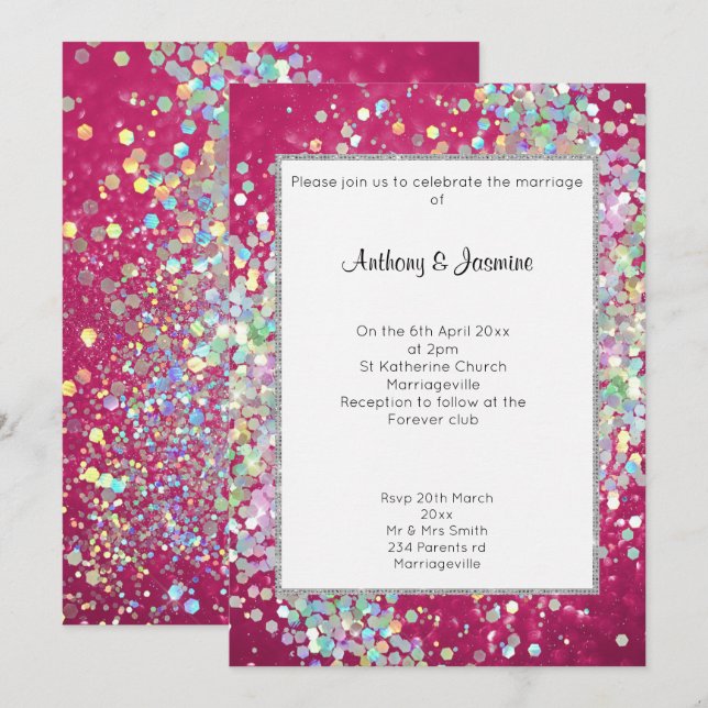 INVITACIÓN ELEGANTE BODA DE PASTEL HOLOGRÁFICO DE BOKEH ROSA (Anverso / Reverso)