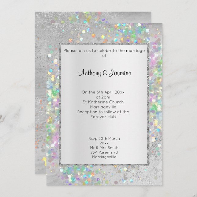 INVITACIÓN ELEGANTE BODA DE PASTEL HOLOGRÁFICO DE MÁRMOL DE P (Anverso / Reverso)