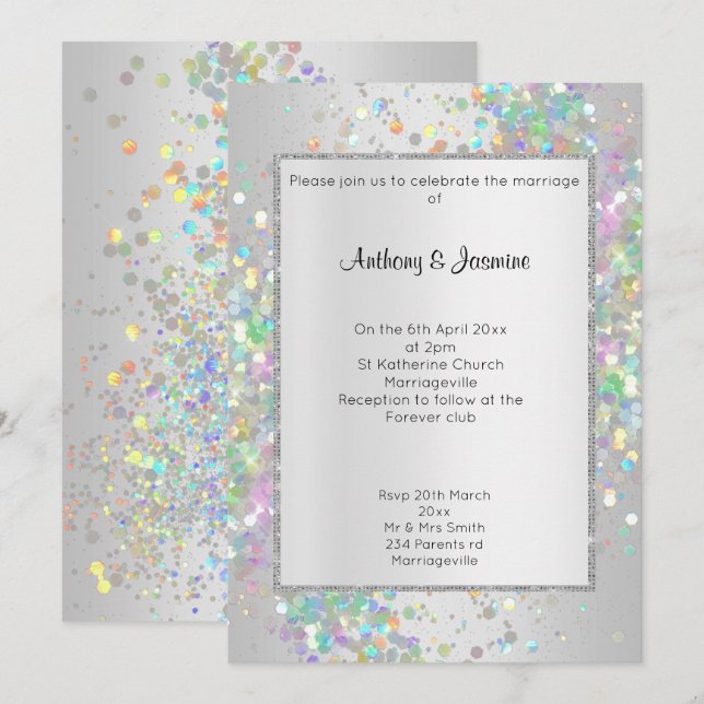 INVITACIÓN ELEGANTE BODA DE PASTEL HOLOGRÁFICO DE PLATA (Anverso / Reverso)