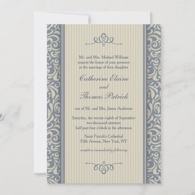 Invitación Elegante Boda de patrón barroco azul y beige (Anverso)