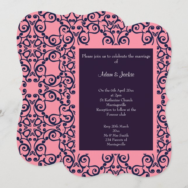 Invitación Elegante BODA de patrón de la Marina Rosa (Anverso / Reverso)