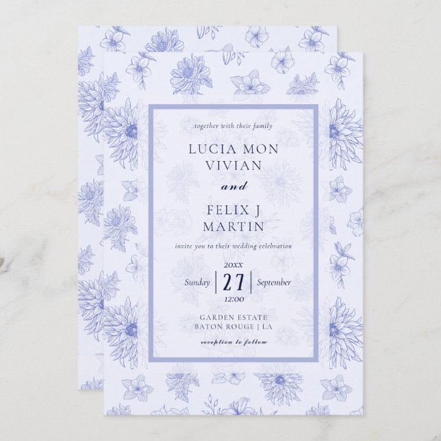 Invitación Elegante Boda de patrón floral de sombra azul neut (Anverso / Reverso)