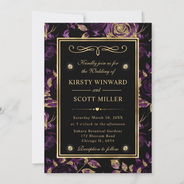 Invitación Elegante Boda de Patrón Floral Purple & Gold Rosa (Anverso)