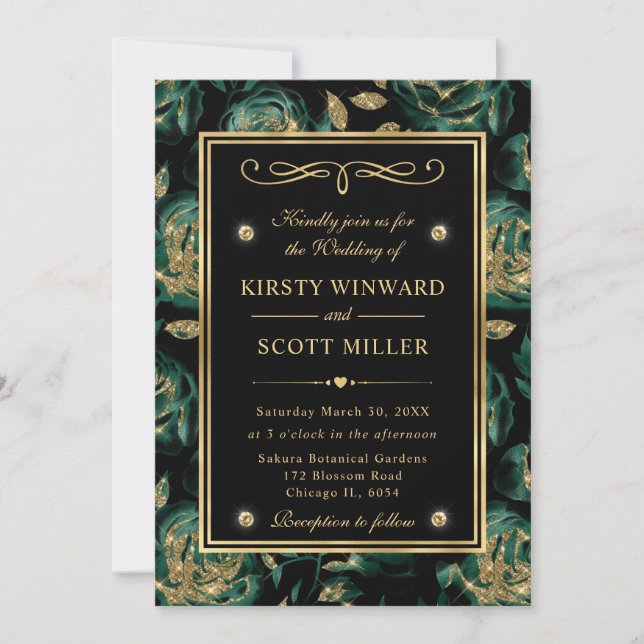 Invitación Elegante Boda de patrón floral verde y Rosa dorado (Anverso)