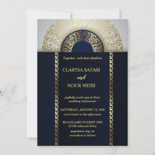 Invitación Elegante boda de patrón geométrico oro azul de mod
