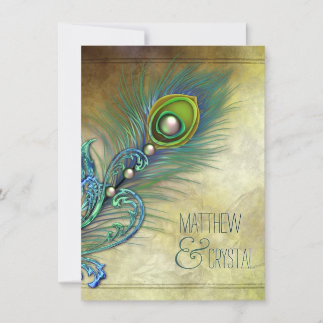 Invitación Elegante Boda de pavo real (Anverso)