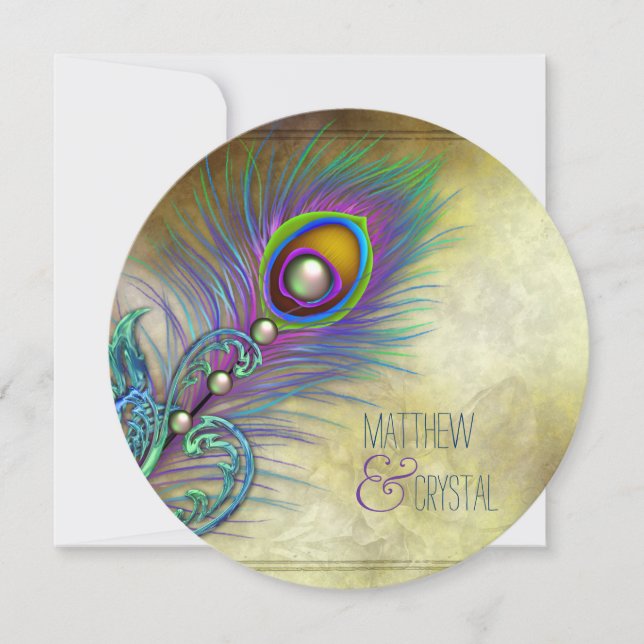 Invitación Elegante Boda de pavo real (Anverso)