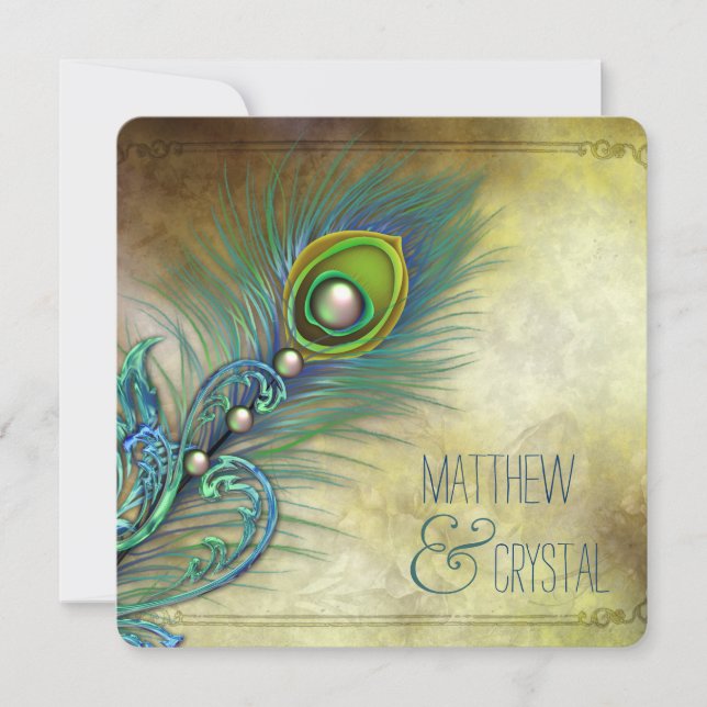 Invitación Elegante Boda de pavo real (Anverso)