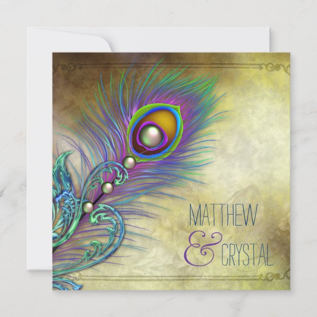 Invitación Elegante Boda de pavo real (Anverso)