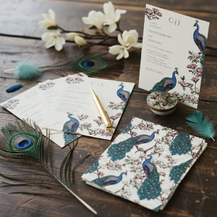 Invitación Elegante Boda de pavo real azul y flores de magnol