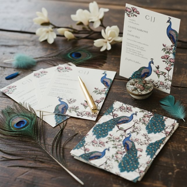 Invitación Elegante Boda de pavo real azul y flores de magnol (Elegant Floral Peacock Wedding Invitations in Ivory. Chic Pattern of Peafowl Birds & Magnolia Flower)