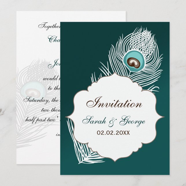 Invitación Elegante boda de pavo real blanco y verde azulado (Anverso / Reverso)