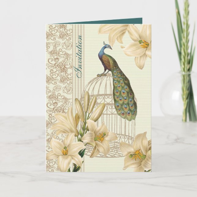 Invitación elegante boda de pavo real con flores de lirio bla (Anverso)