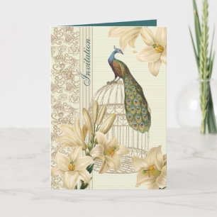 Invitación elegante boda de pavo real con flores de lirio bla